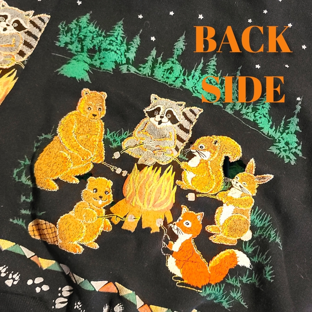 Vintage 70s Childs Sweatshirt Campfire Forest Friends Printed Both Sides Iconic - Picture 5 of 7